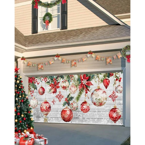 Garage Door Banner Cover 6 x 13 ft, Red Christmas Balls Poinsettia Snowflake Grey Wood Grain Christmas Garage Door Decorations Holiday Christmas Backdrop Decor for Winter New Year Xmas Party