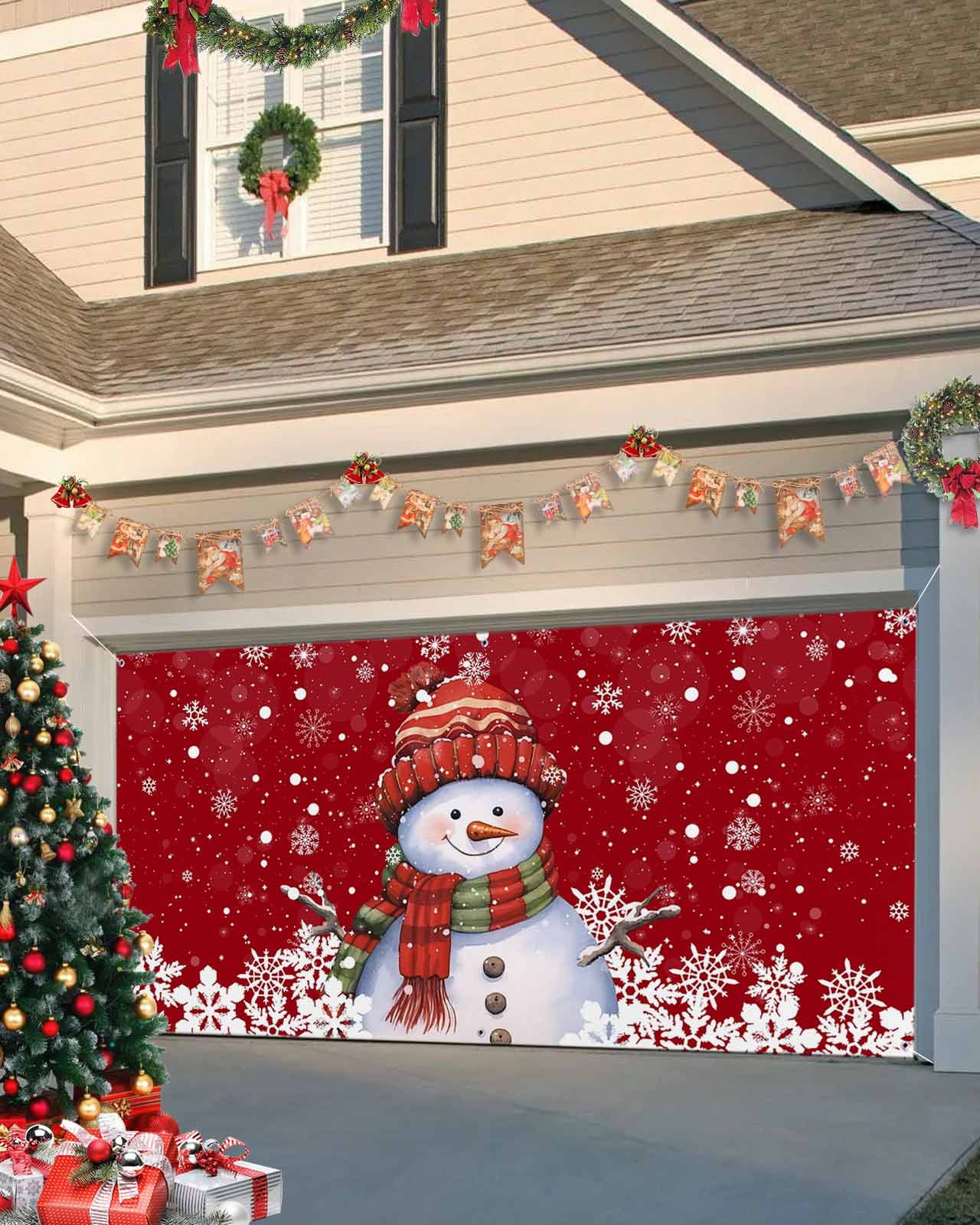 Garage Door Banner Cover 6 x 13 ft, Red Christmas Snowman with Cap Xmas Tree Snowflake Christmas Garage Door Decorations Holiday Christmas Backdrop Decor for Winter New Year Xmas Party
