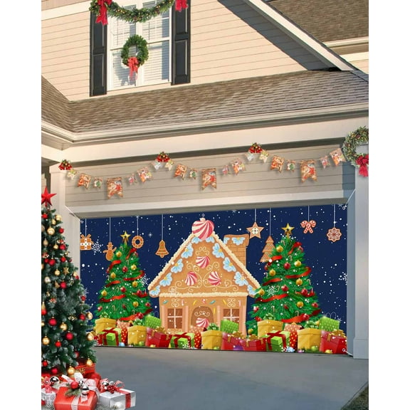 Garage Door Banner Cover 7 x 16 ft, Blue Christmas Balls Candy Biscuit House Xmas Tree Christmas Garage Door Decorations Holiday Christmas Backdrop Decor for Winter New Year Xmas Party