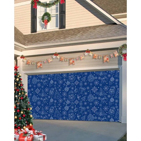 Garage Door Banner Cover 7 x 16 ft, Blue Christmas White Line Silhouette Christmas Pattern Christmas Garage Door Decorations Holiday Christmas Backdrop Decor for Winter New Year Xmas Party