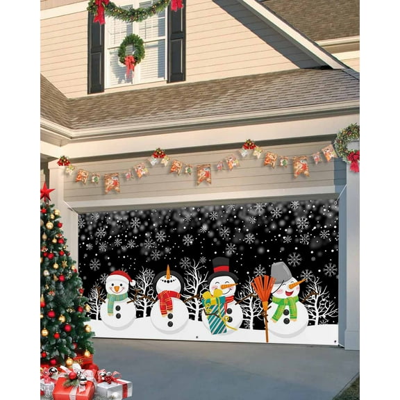 Garage Door Banner Cover 7 x 16 ft, Christmas Cute Snowman Winter Snow Black Christmas Garage Door Decorations Holiday Christmas Backdrop Decor for Winter New Year Xmas Party