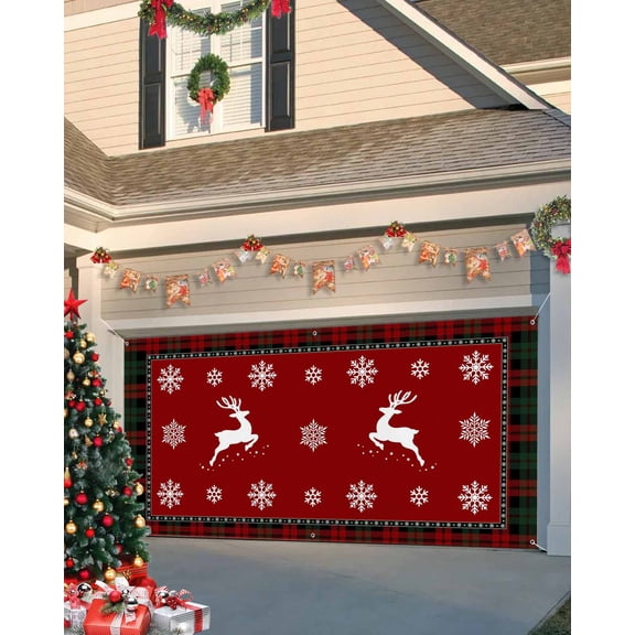 Garage Door Banner Cover 7 x 16 ft, Christmas Elk Snowflake Plaid Border Christmas Garage Door Decorations Holiday Christmas Backdrop Decor for Winter New Year Xmas Party