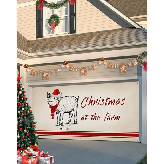 Garage Door Banner Cover 7 x 16 ft, Christmas at the Farm Pig Christmas Garage Door Decorations Holiday Christmas Backdrop Decor for Winter New Year Xmas Party