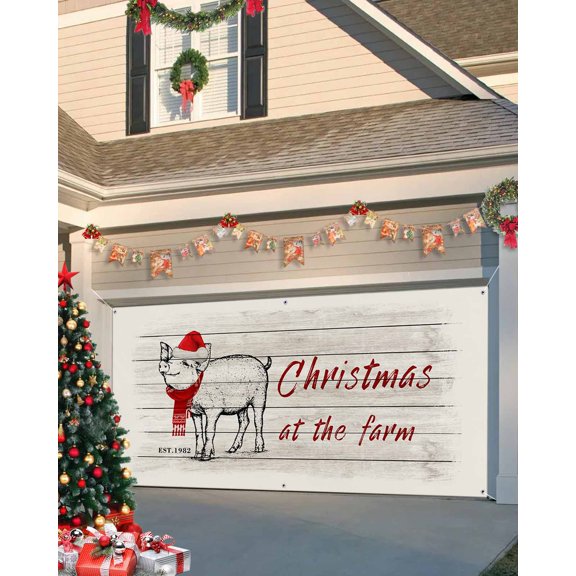 Garage Door Banner Cover 7 x 16 ft, Christmas at the Farm Pig Wood Christmas Garage Door Decorations Holiday Christmas Backdrop Decor for Winter New Year Xmas Party