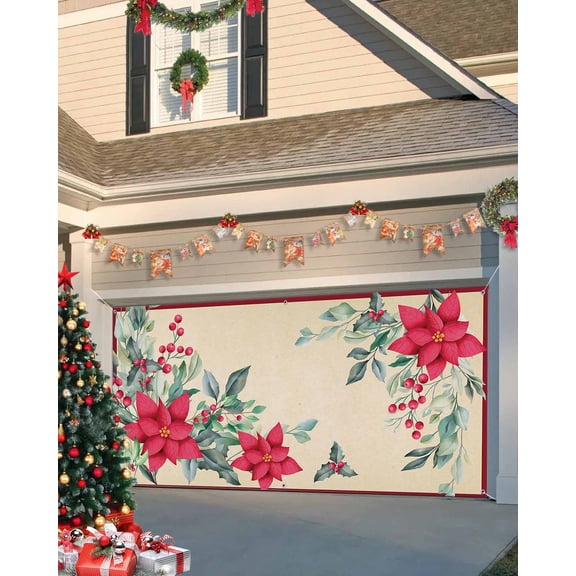 Garage Door Banner Cover 7 x 16 ft, Christmas Flower Retro Christmas Garage Door Decorations Holiday Christmas Backdrop Decor for Winter New Year Xmas Party