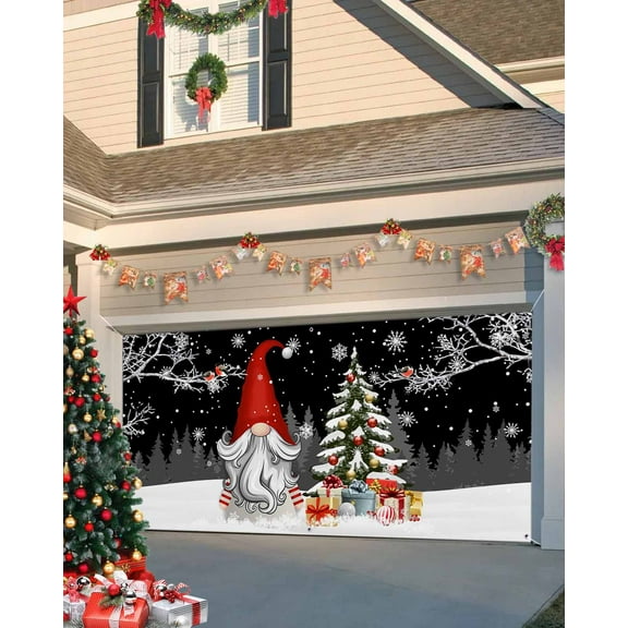 Garage Door Banner Cover 7 x 16 ft, Christmas Gnome Winter Xmas Tree Pine Branch Snowflake Black Christmas Garage Door Decorations Holiday Christmas Backdrop Decor for Winter New Year Xmas Party