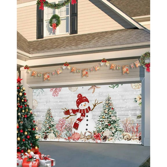 Garage Door Banner Cover 7 x 16 ft, Christmas Ocean Snowman Starfish Coral Conch Tree Light Grey Christmas Garage Door Decorations Holiday Christmas Backdrop Decor for Winter New Year Xmas Party