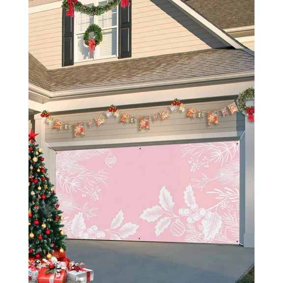 Garage Door Banner Cover 7 x 16 ft, Christmas Pine Needles Leaves Pink Christmas Garage Door Decorations Holiday Christmas Backdrop Decor for Winter New Year Xmas Party