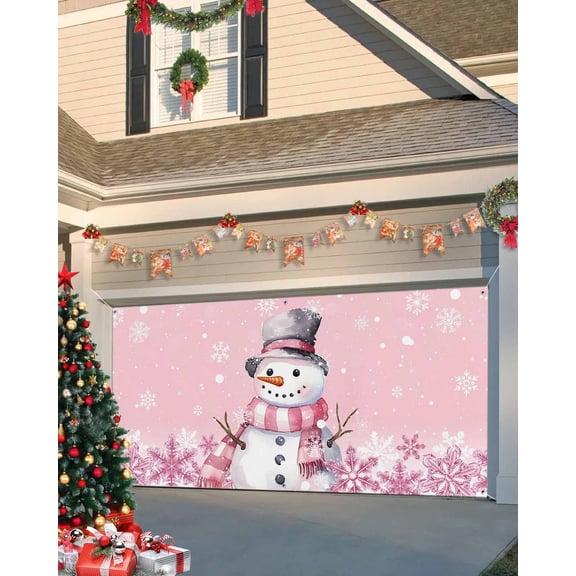 Garage Door Banner Cover 7 x 16 ft, Christmas Pink Snowflake Elf Snowman Christmas Garage Door Decorations Holiday Christmas Backdrop Decor for Winter New Year Xmas Party