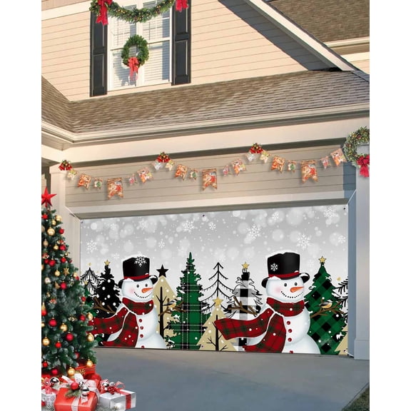 Garage Door Banner Cover 7 x 16 ft, Christmas Plaid Snowman Xmas Tree Christmas Garage Door Decorations Holiday Christmas Backdrop Decor for Winter New Year Xmas Party
