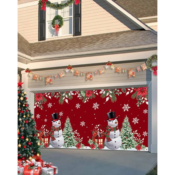 Garage Door Banner Cover 7 x 16 ft, Christmas Poinsettia Xmas Tree Snowflake in Red Background Christmas Garage Door Decorations Holiday Christmas Backdrop Decor for Winter New Year Xmas Party
