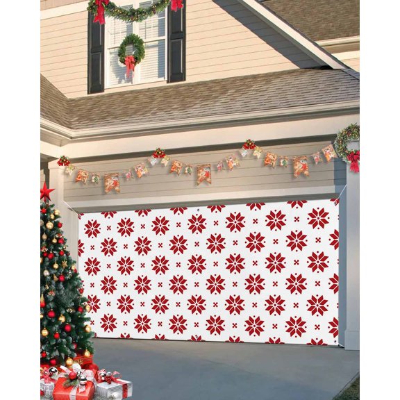 Garage Door Banner Cover 7 x 16 ft, Christmas Red Snowflake Patterm Christmas Garage Door Decorations Holiday Christmas Backdrop Decor for Winter New Year Xmas Party