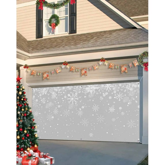 Garage Door Banner Cover 7 x 16 ft, Christmas Snowflake Grey Gradient Christmas Garage Door Decorations Holiday Christmas Backdrop Decor for Winter New Year Xmas Party