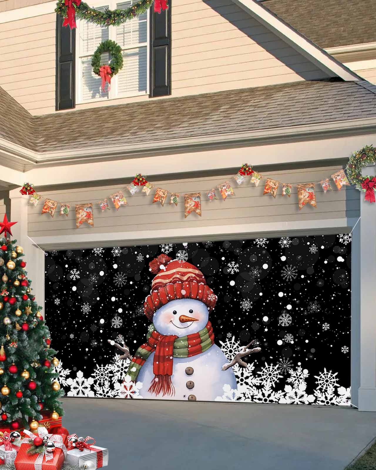 Garage Door Banner Cover 7 x 16 ft, Christmas Snowman with Cap Xmas Tree Snowflake Black Christmas Garage Door Decorations Holiday Christmas Backdrop Decor for Winter New Year Xmas Party
