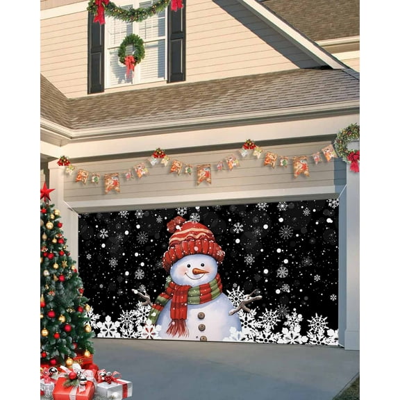 Garage Door Banner Cover 7 x 16 ft, Christmas Snowman with Cap Xmas Tree Snowflake Black Christmas Garage Door Decorations Holiday Christmas Backdrop Decor for Winter New Year Xmas Party