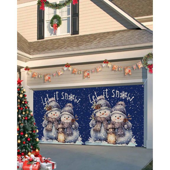 Garage Door Banner Cover 7 x 16 ft, Christmas Snowman Oil Lamp Winter Snowflake Christmas Garage Door Decorations Holiday Christmas Backdrop Decor for Winter New Year Xmas Party