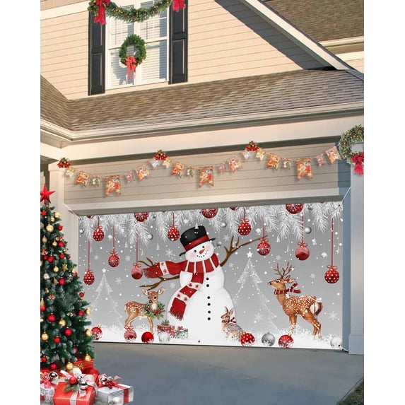 Garage Door Banner Cover 7 x 16 ft, Christmas Snowman Red Christmas Balls Pine Leaves Gray Christmas Garage Door Decorations Holiday Christmas Backdrop Decor for Winter New Year Xmas Party