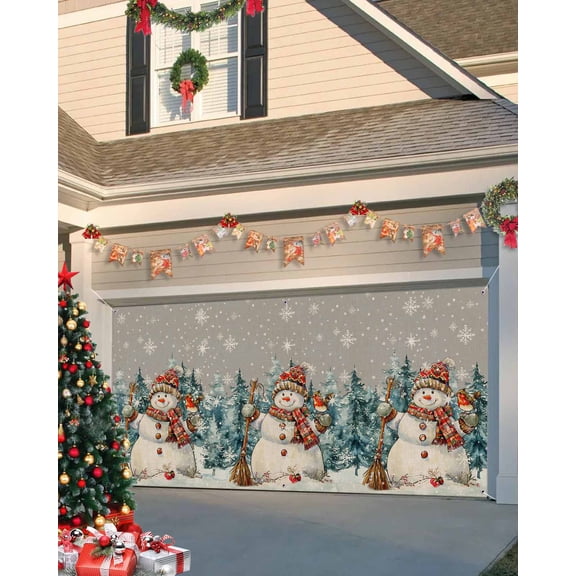 Garage Door Banner Cover 7 x 16 ft, Christmas Snowman Robin Pine Tree Snowflakes Grey Retro Christmas Garage Door Decorations Holiday Christmas Backdrop Decor for Winter New Year Xmas Party