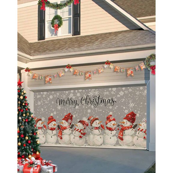 Garage Door Banner Cover 7 x 16 ft, Christmas Snowman Watercolor Snowflakes Hand Painted Retro Gray Christmas Garage Door Decorations Holiday Christmas Backdrop Decor for Winter New Year Xmas Party
