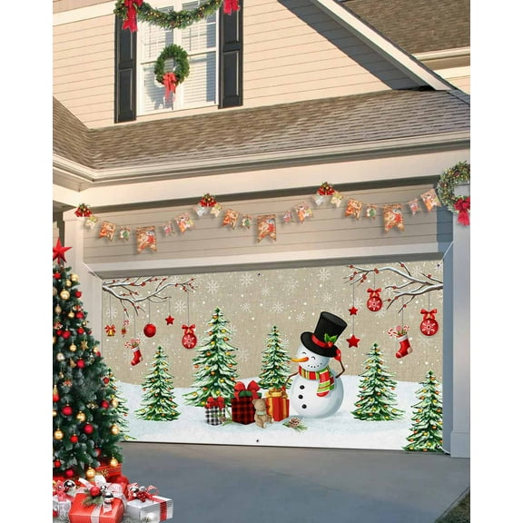 Garage Door Banner Cover 7 x 16 ft, Christmas Snowman Xmas Tree Linen Texture Christmas Garage Door Decorations Holiday Christmas Backdrop Decor for Winter New Year Xmas Party