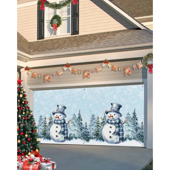 Garage Door Banner Cover 7 x 16 ft, Christmas Snowman Xmas Tree Snowflake Light Blue Christmas Garage Door Decorations Holiday Christmas Backdrop Decor for Winter New Year Xmas Party