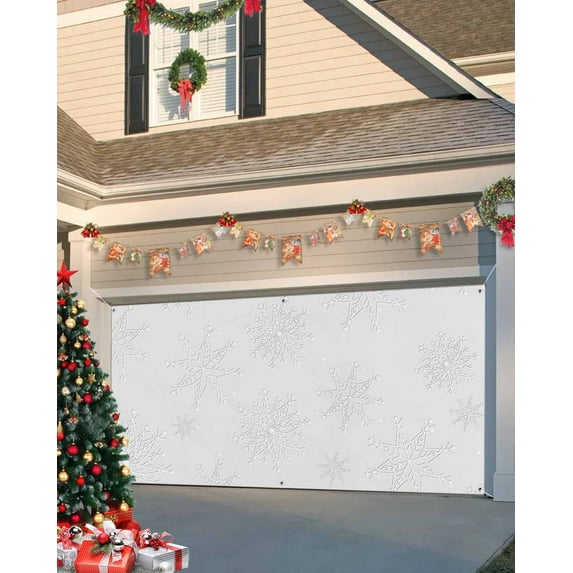 Garage Door Banner Cover 7 x 16 ft, Christmas Solid White Snowflakes Christmas Garage Door Decorations Holiday Christmas Backdrop Decor for Winter New Year Xmas Party