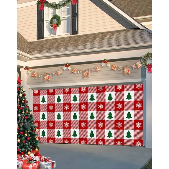 Garage Door Banner Cover 7 x 16 ft, Christmas Tree Snowflake Red White Plaid Christmas Garage Door Decorations Holiday Christmas Backdrop Decor for Winter New Year Xmas Party