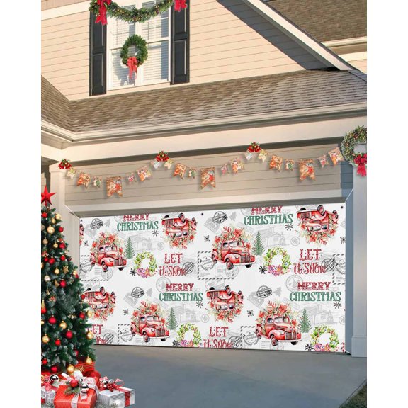 Garage Door Banner Cover 7 x 16 ft, Christmas Truck with Floral Xmas Tree Retro Christmas Garage Door Decorations Holiday Christmas Backdrop Decor for Winter New Year Xmas Party