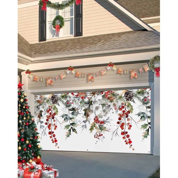Garage Door Banner Cover 7 x 16 ft, Christmas Winter Pine Leaves Pine Cones Red Berries Christmas Garage Door Decorations Holiday Christmas Backdrop Decor for Winter New Year Xmas Party