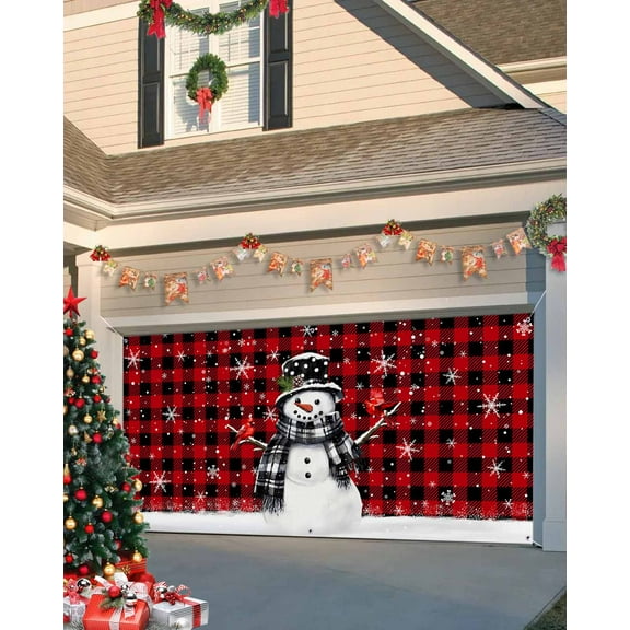 Garage Door Banner Cover 7 x 16 ft, Christmas Winter Snowflake Snowman Cone Red Robin Buffalo Plaid Christmas Garage Door Decorations Holiday Christmas Backdrop Decor for Winter New Year Xmas Party