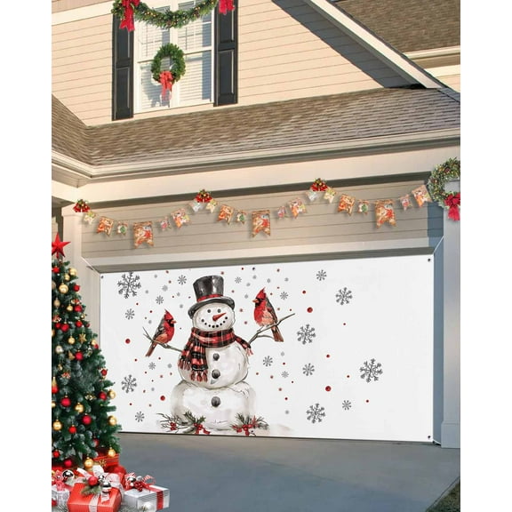 Garage Door Banner Cover 7 x 16 ft, Christmas Winter Snowman Snowflake Snowing Robin Bird Christmas Garage Door Decorations Holiday Christmas Backdrop Decor for Winter New Year Xmas Party