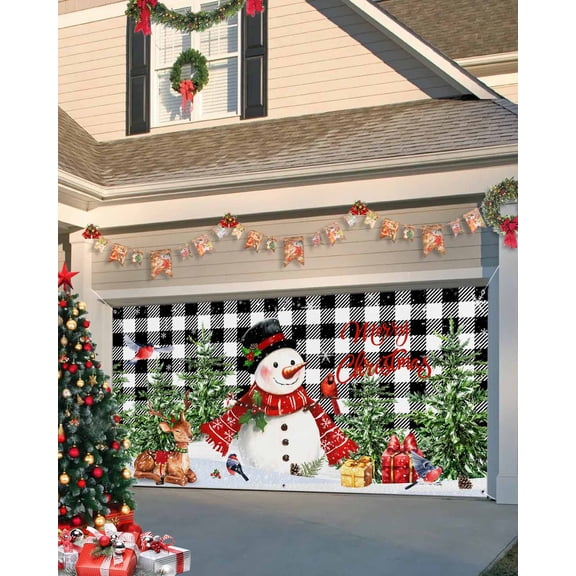 Garage Door Banner Cover 7 x 16 ft, Christmas Winter Snowman Snowflakes Elk Black White Plaid Christmas Garage Door Decorations Holiday Christmas Backdrop Decor for Winter New Year Xmas Party