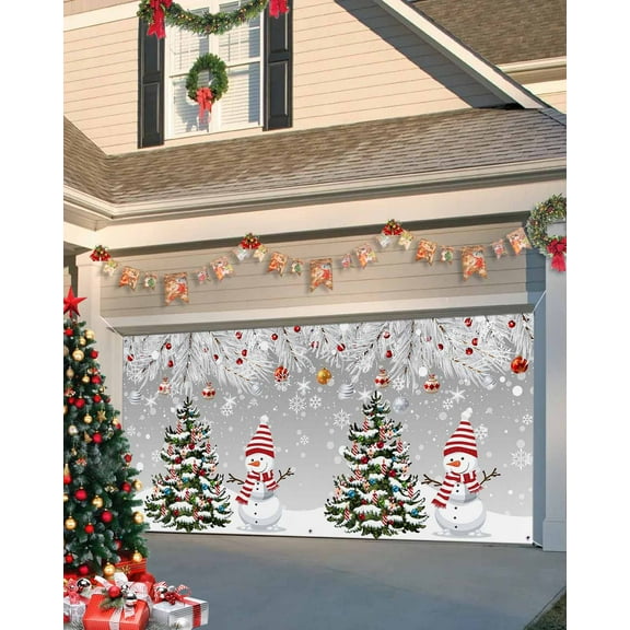 Garage Door Banner Cover 7 x 16 ft, Christmas Winter Snowman Xmas Tree Grey Snowflake Snowball Christmas Garage Door Decorations Holiday Christmas Backdrop Decor for Winter New Year Xmas Party