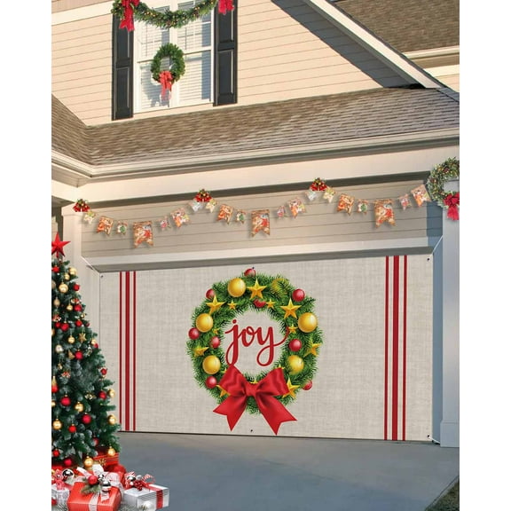 Garage Door Banner Cover 7 x 16 ft, Christmas Wreath JOY Retro Farmhouse Red Stripe Christmas Garage Door Decorations Holiday Christmas Backdrop Decor for Winter New Year Xmas Party