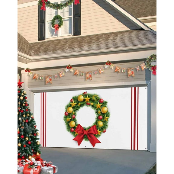 Garage Door Banner Cover 7 x 16 ft, Christmas Wreath Retro Farmhouse Red Stripe Christmas Garage Door Decorations Holiday Christmas Backdrop Decor for Winter New Year Xmas Party