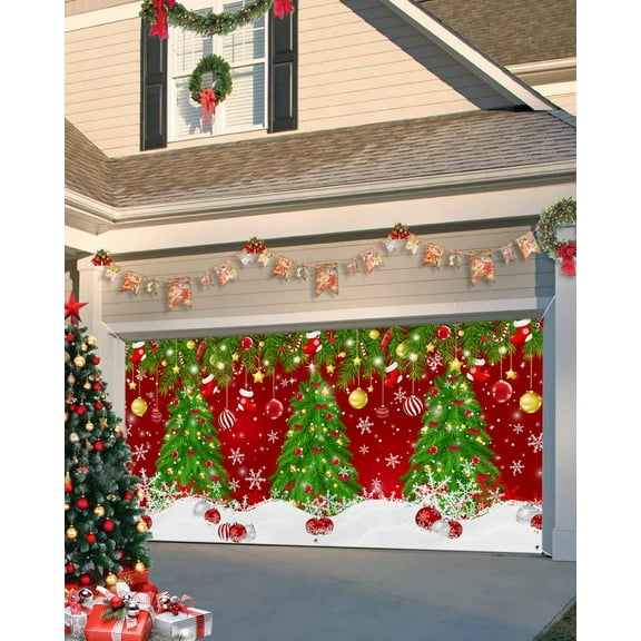 Garage Door Banner Cover 7 x 16 ft, Christmas Xmas Tree Gold Balls Snowflake Red Scenery Christmas Garage Door Decorations Holiday Christmas Backdrop Decor for Winter New Year Xmas Party