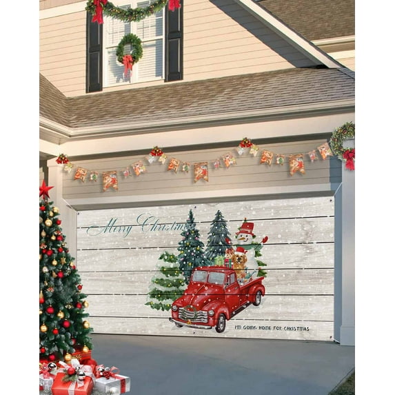Garage Door Banner Cover 7 x 16 ft, I'm Going Home for Christmas Truck Snowman Golden Retriever Christmas Garage Door Decorations Holiday Christmas Backdrop Decor for Winter New Year Xmas Party
