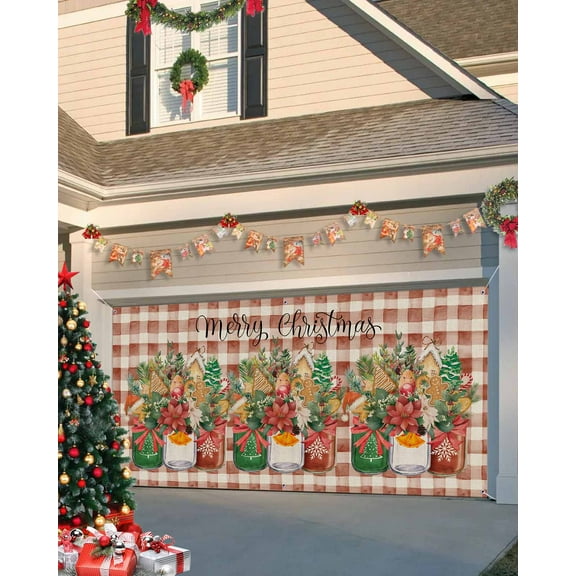 Garage Door Banner Cover 7 x 16 ft, Merry Christmas Poinsettia Gingerbread Red Plaid Retro Linen Christmas Garage Door Decorations Holiday Christmas Backdrop Decor for Winter New Year Xmas Party
