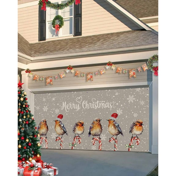 Garage Door Banner Cover 7 x 16 ft, Merry Christmas Robins Stand on Candy Cane Snowflake Grey Christmas Garage Door Decorations Holiday Christmas Backdrop Decor for Winter New Year Xmas Party