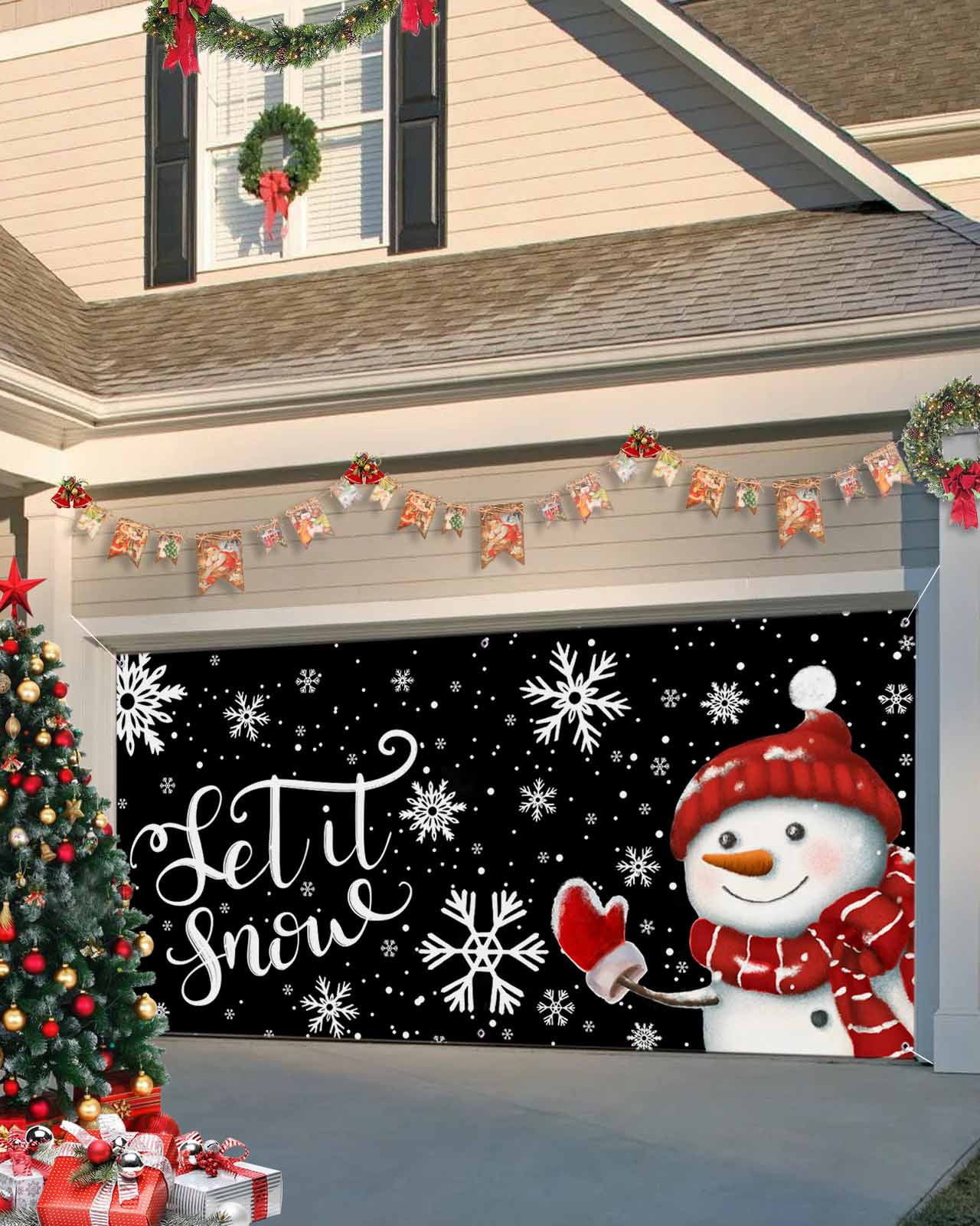 Garage Door Banner Cover 7 x 16 ft, Merry Christmas Snowman in Red