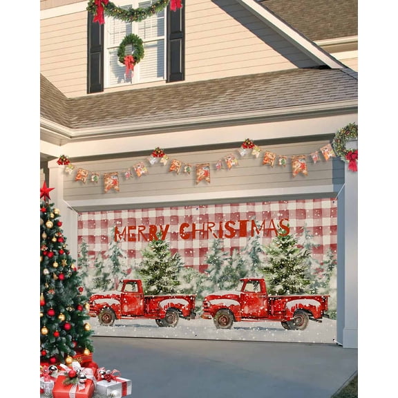 Garage Door Banner Cover 7 x 16 ft, Merry Christmas Xmas Tree Red Truck Snowflake Buffalo Plaid Christmas Garage Door Decorations Holiday Christmas Backdrop Decor for Winter New Year Xmas Party