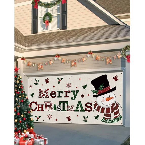 Garage Door Banner Cover 7 x 16 ft, Merry Red Christmas Hat Snowman Christmas Garage Door Decorations Holiday Christmas Backdrop Decor for Winter New Year Xmas Party