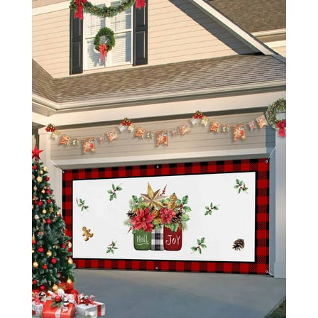 Garage Door Banner Cover 7 x 16 ft, Red Christmas Gingerbread Man Poinsettia Printed Christmas Garage Door Decorations Holiday Christmas Backdrop Decor for Winter New Year Xmas Party