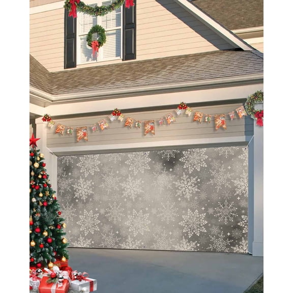 Garage Door Banner Cover 7 x 16 ft, Snowflake Watercolor Gray Snowflake Christmas Christmas Garage Door Decorations Holiday Christmas Backdrop Decor for Winter New Year Xmas Party