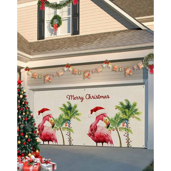 Garage Door Banner Cover 7 x 16 ft, Summer Christmas Flamingo Coconut Tree Linen Texture Christmas Garage Door Decorations Holiday Christmas Backdrop Decor for Winter New Year Xmas Party