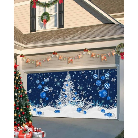 Garage Door Banner Cover 7 x 16 ft, Winter Blue Christmas Eve Xmas Tree Christmas Garage Door Decorations Holiday Christmas Backdrop Decor for Winter New Year Xmas Party