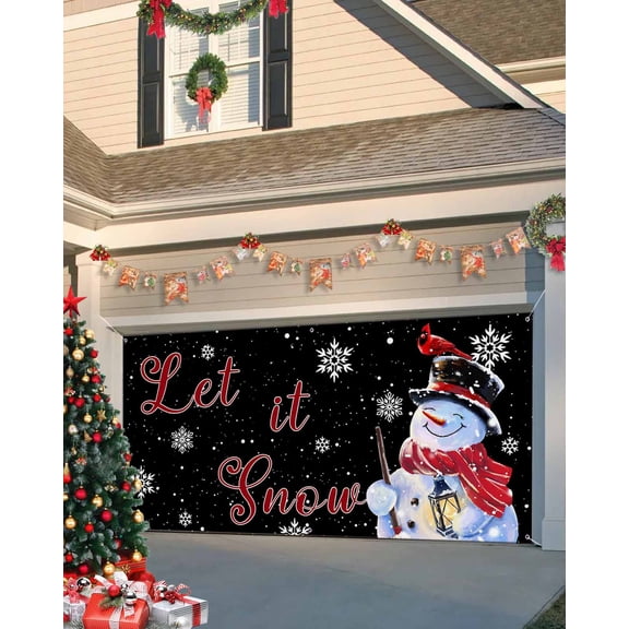 Garage Door Banner Cover 7 x 16 ft, Winter Christmas Cute Snowman Christmas Garage Door Decorations Holiday Christmas Backdrop Decor for Winter New Year Xmas Party