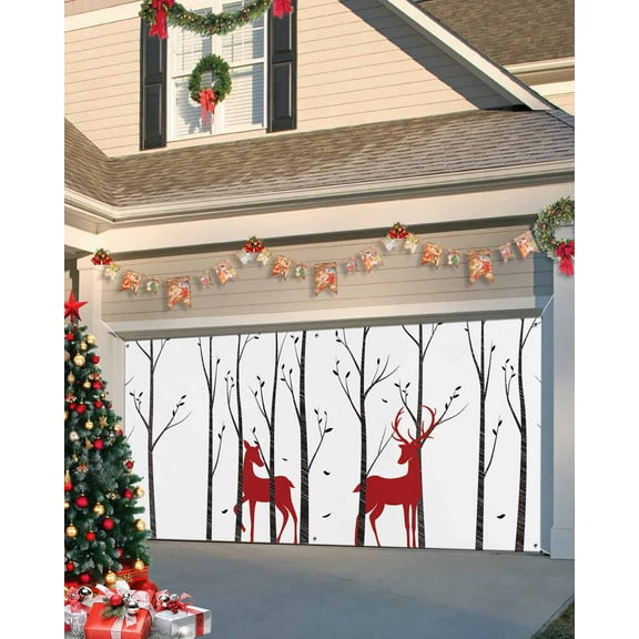 Garage Door Banner Cover 7 x 16 ft, Winter Forest Xmas Red Deer Christmas Garage Door Decorations Holiday Christmas Backdrop Decor for Winter New Year Xmas Party