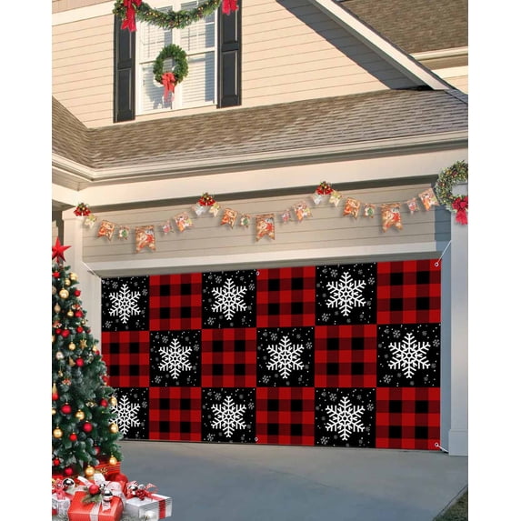 Garage Door Banner Cover 7 x 16 ft, Winter Snowflake Red and Black Plaid Christmas Garage Door Decorations Holiday Christmas Backdrop Decor for Winter New Year Xmas Party