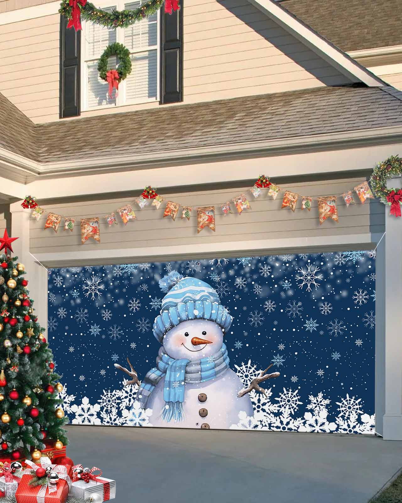 Garage Door Banner Cover 7 x 8 ft, Blue Christmas Snowman with Cap Xmas Tree Snowflake Christmas Garage Door Decorations Holiday Christmas Backdrop Decor for Winter New Year Xmas Party